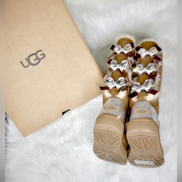 Womens custom bling crystal Bailey bow tall Ugg boots with Swarovski crystals - Picture 3 of 7